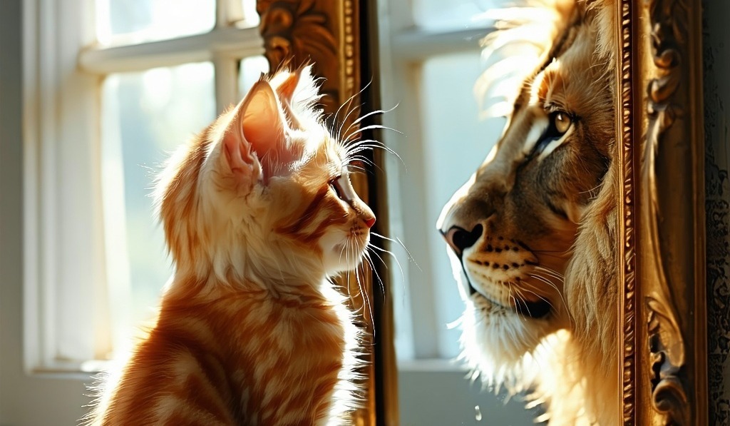 Small kitten seeing lion in mirror, representing personal growth, self-confidence, and transformation through mindset and development