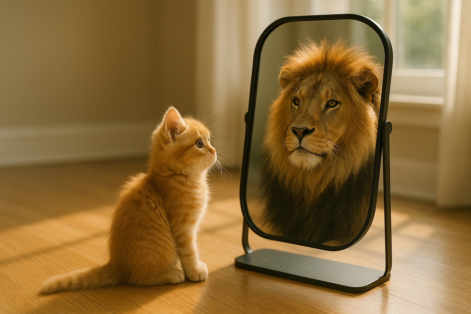 kitten seeing his reflection as a lion in mirror