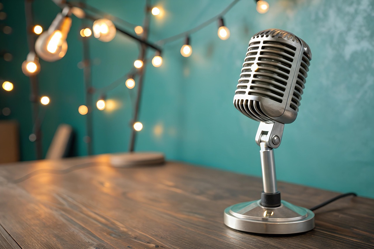 Vintage microphone in retro setting, highlighting engaging podcast conversations and online webinars focused on personal development and business success