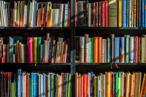 Stack of vibrant paperback and hardback books on bookshelves reflecting inspirational reads Sharman recommends on mindset, leadership, faith, and success.  