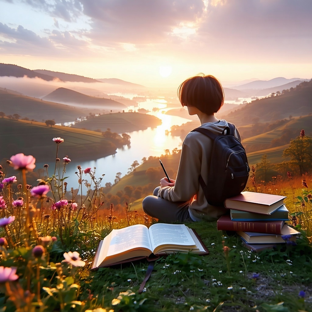 serene scene of a person sitting on a hill surrounded by flowers looking down into a sunny valley